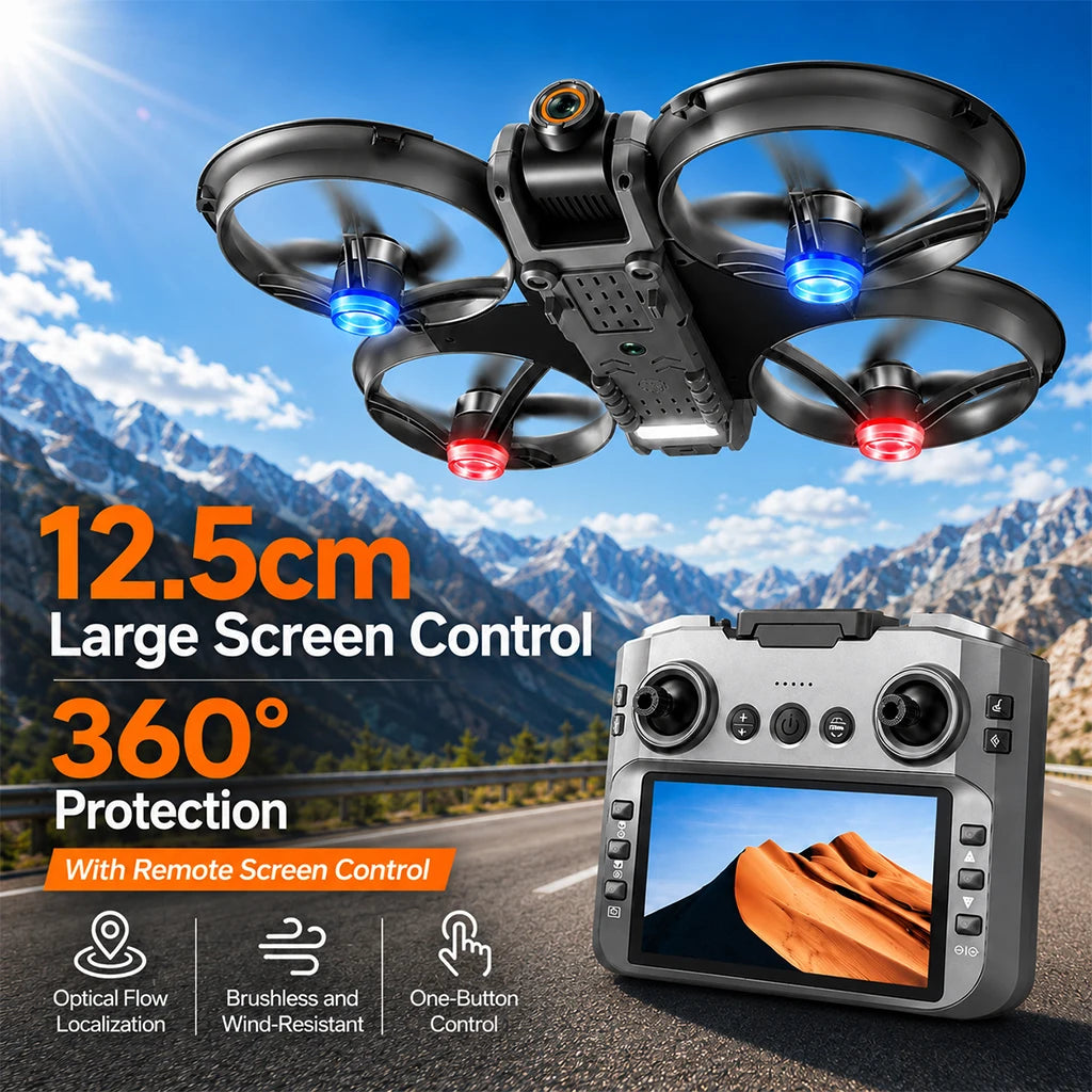 S156 RC Drone 8K Dual Camera Quadcopter with 5.9-Inch Screen Remote Brushless Motor Optical Flow Hovering 360° Protection WiFi FPV Remote Control Aircraft with Storage Bag 1 Battery