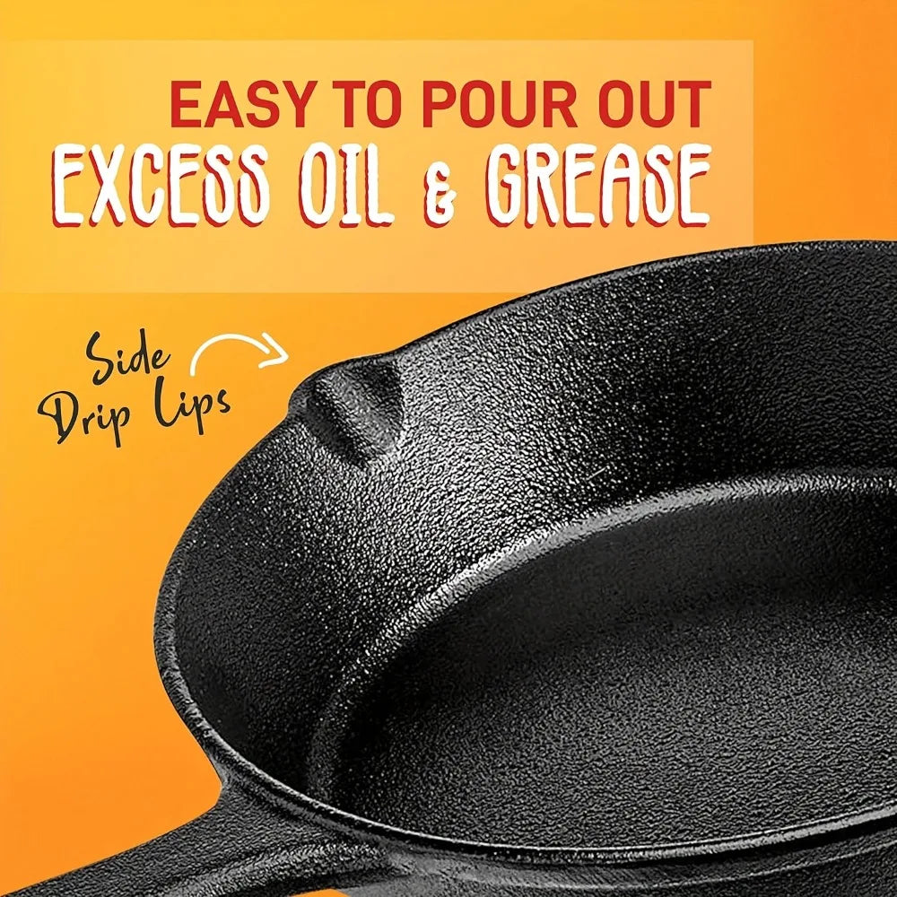 3 PCS Cast Iron Skillet Set (6/8/10 Inch)  Pre-Seasoned, Heavy-Duty Pans for Oven, Grill & Campfire, Even Heat, Non-Stick Surface