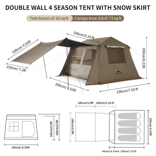 Village 6.0 Family Tent 6.0㎡ Pop Up Tent for 3-4 People Camping Automatic Tent with Windows Outdoor Waterproof