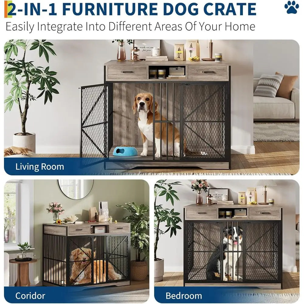 Sturdy Large Dog Crate Table with 2 Drawers and Open Compartment, Multifunctional Pet Furniture for Home Use