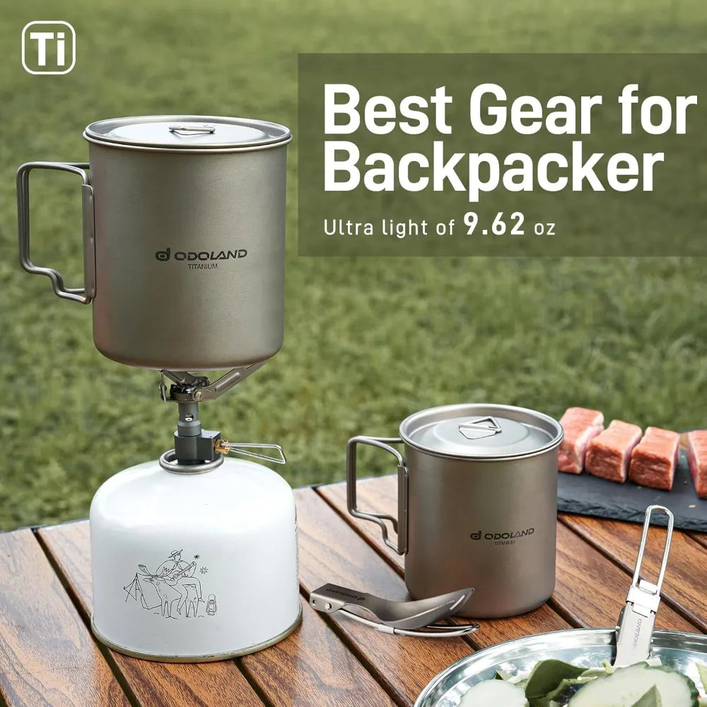 Titanium Camping Cookware Set 420ml & 750ml Pots with Lid and Spork Lightweight for Backpacking Hiking Travel