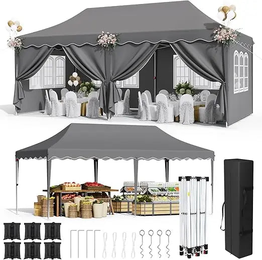 10'×20' Pop Up Canopy, Large Wedding Commercial Instant Tent Carport, Party Easy Up Sun Shelter with Windows & Sidewalls, Carry Bag