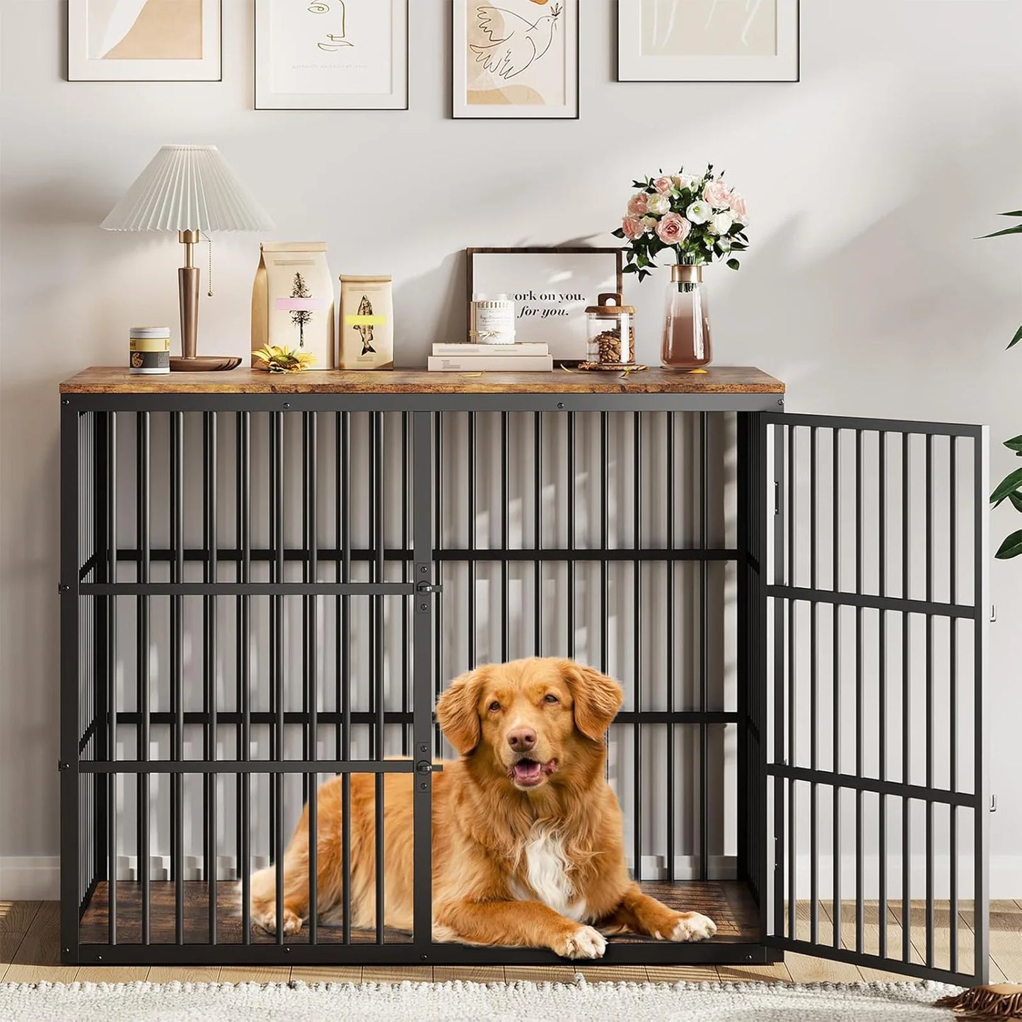 46.5" 3-in-1 Dog Crate Furniture Wooden Dog Kennel with 3 Lockable Doors Heavy Duty Metal Frame End Table For Medium Large Pet