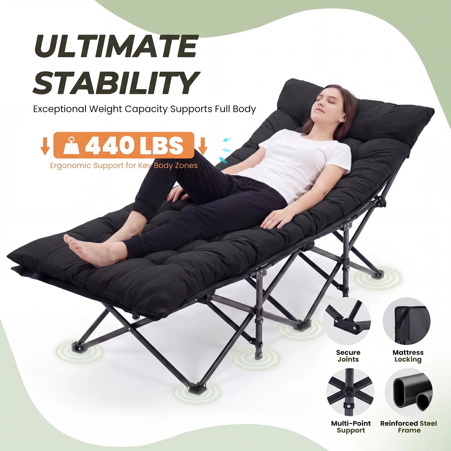 Folding Camping Beach Lounge Chair Portable 3.5'' Cushion 440 lbs Sturdy Frame Compact Carry With Storage Bed for Outdoor