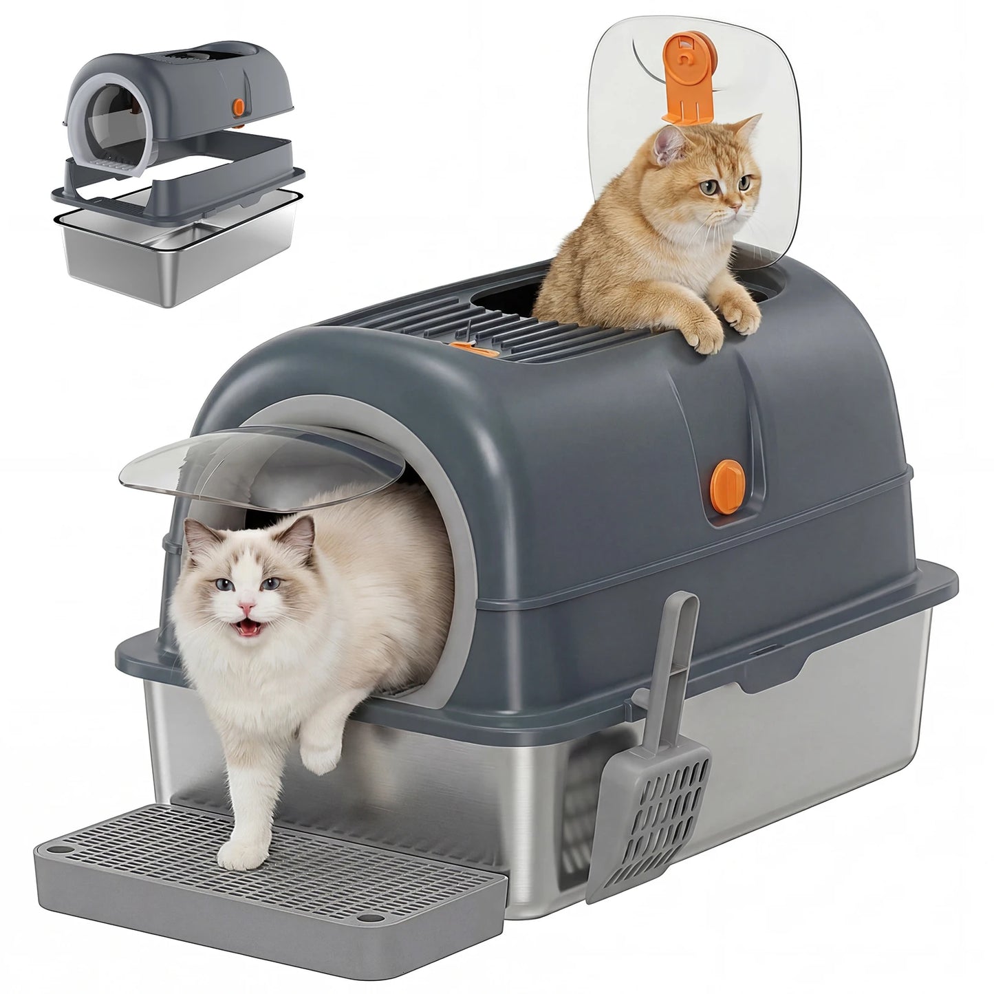 24 Inch Stainless Steel Cat Litter Box with Fully Enclosed 30L Large Cat Litter Box for Big Cats, Cat Box Scoop and Mat Included