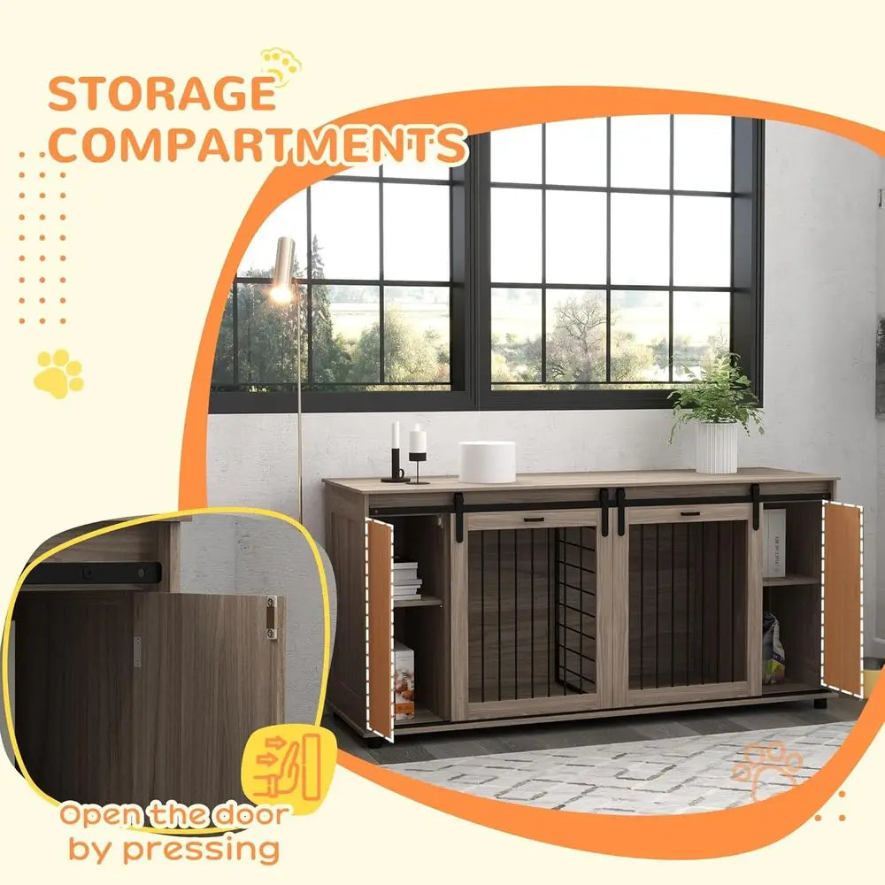 71 Walnut Double Door End Table Crate for Small Dogs or Large Dog with Removable Divider