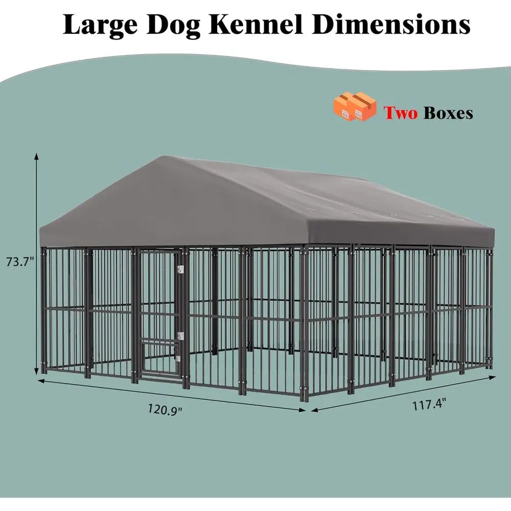 Durable 10 FT x 10 FT Outdoor Dog Kennel with Feeding Door, Roof, and Double Safety Locks
