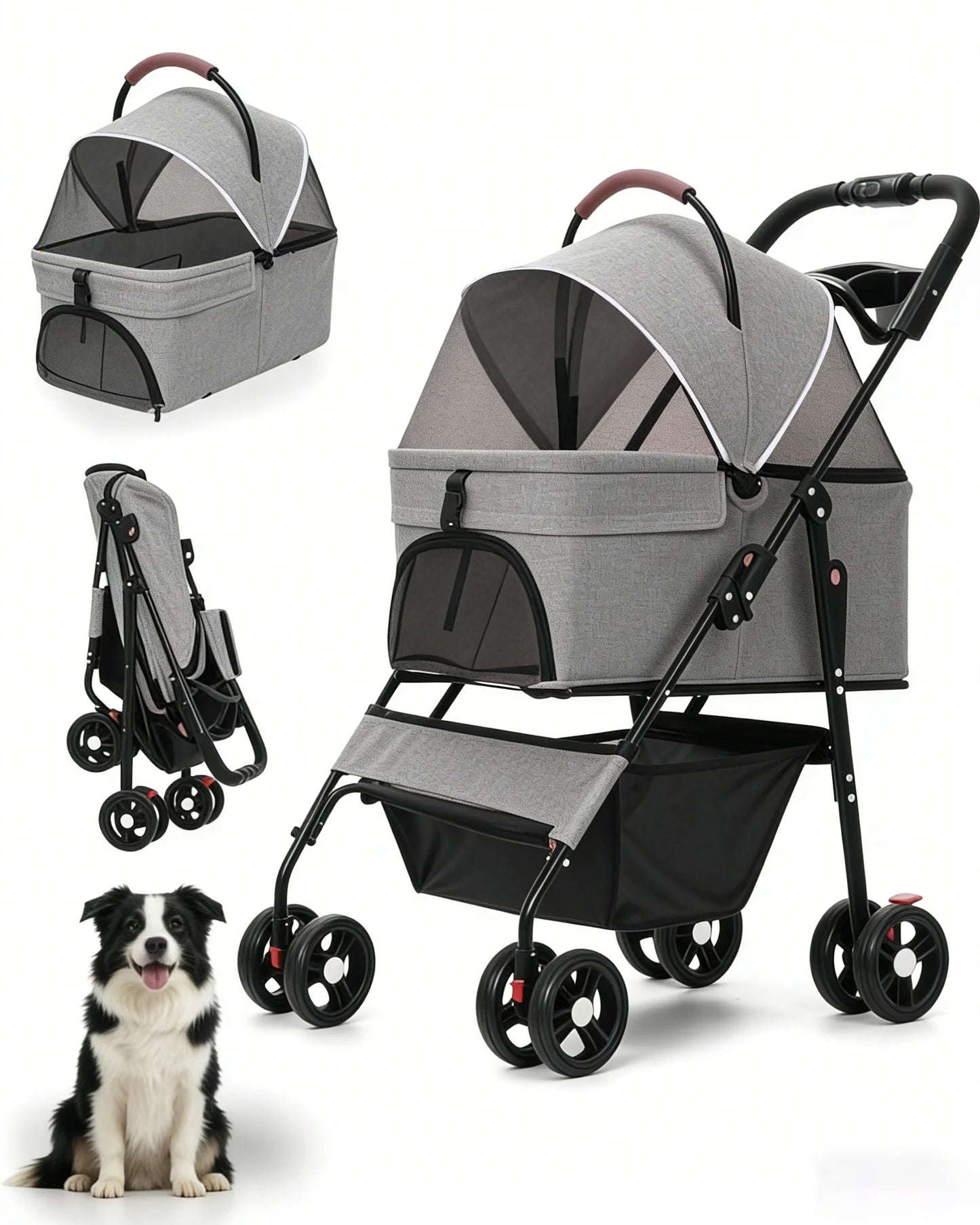 2-in-1 Pet Stroller for Small Dogs, Cats, Foldable Lightweight 4 Wheel Dog Stroller with Removable Carrier Travel Portable Pet Cart