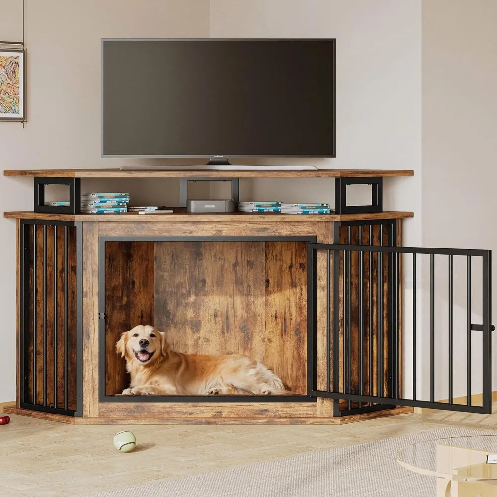 51" Wide Corner Wooden Dog Crate Furniture with 2-Tier Shelves, Pet Kennel for Large Dogs, Space-Saving Dog Cage for TV Stand,