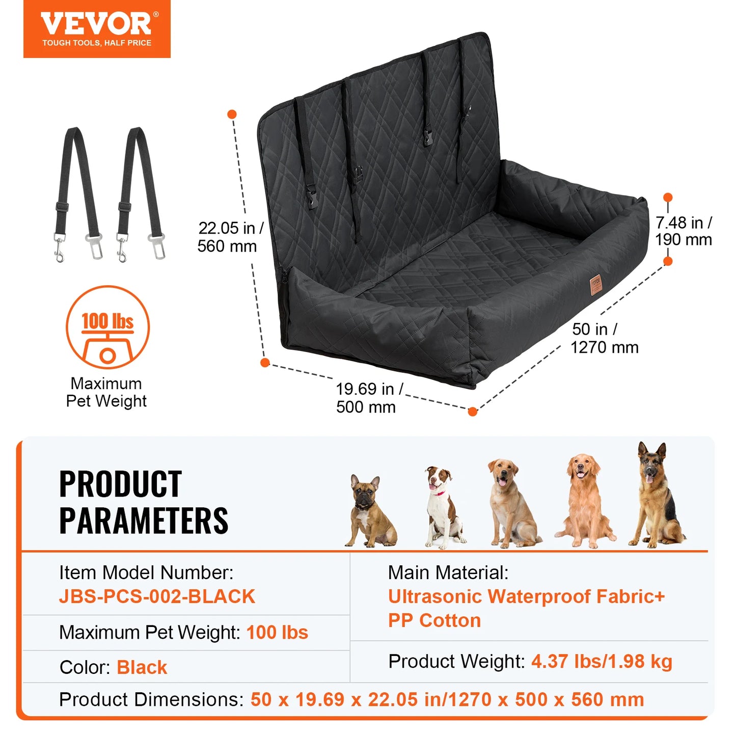 Dog Car Seat Waterproof Dog Booster Seat Pet Car Seat with Clip-On Safety Leash PP Cotton Car Bed for Medium Large Dog