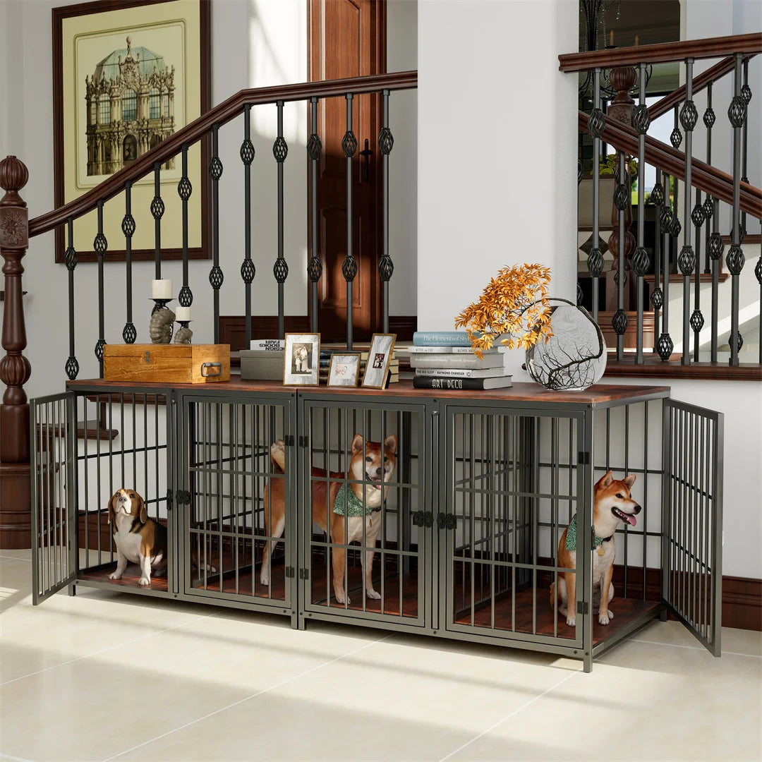 Heavy-Duty Wooden Dog Crate Furniture Side Table, Pet Kennel with 4 Doors & Lock Latches for Small/Medium Dogs