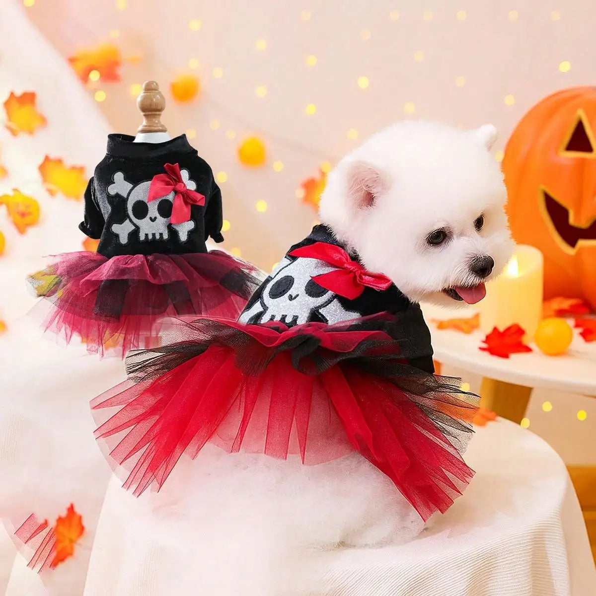Pet Halloween Dress Bow Skull Pattern Puppy Girl Tulle Dress Pet Pirate Costume For Small Dogs And Cats
