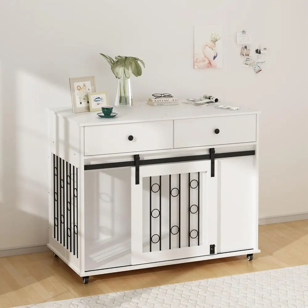 Indoor Dog Crate Furniture with Sliding Door, Lockable Wheels, and Metal Bars for Small to Medium Dogs