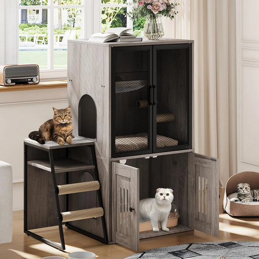 Multi-functional Cat Litter Box Furniture Enclosed With Doors Storage Sisal Ladder, Playhouse, Odor Control Easy Clean