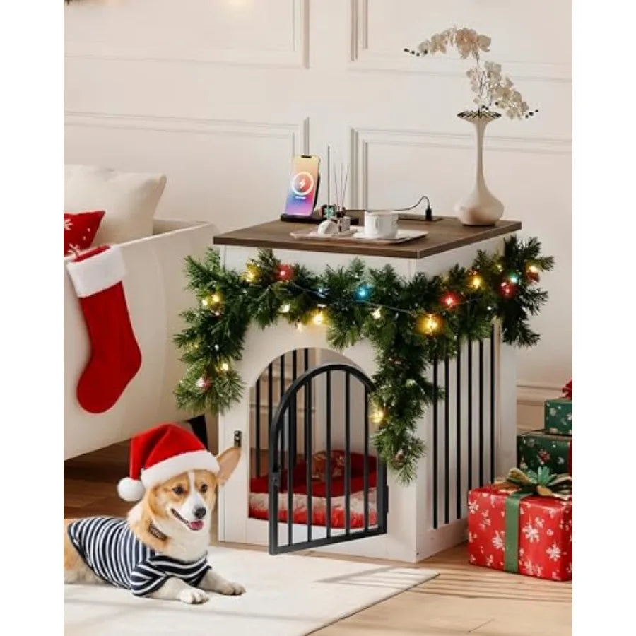 Dog Crate Furniture, Wooden Dog House with Charging Station and Storage Drawer, Indoor Pet Crate End Table for Small Breeds