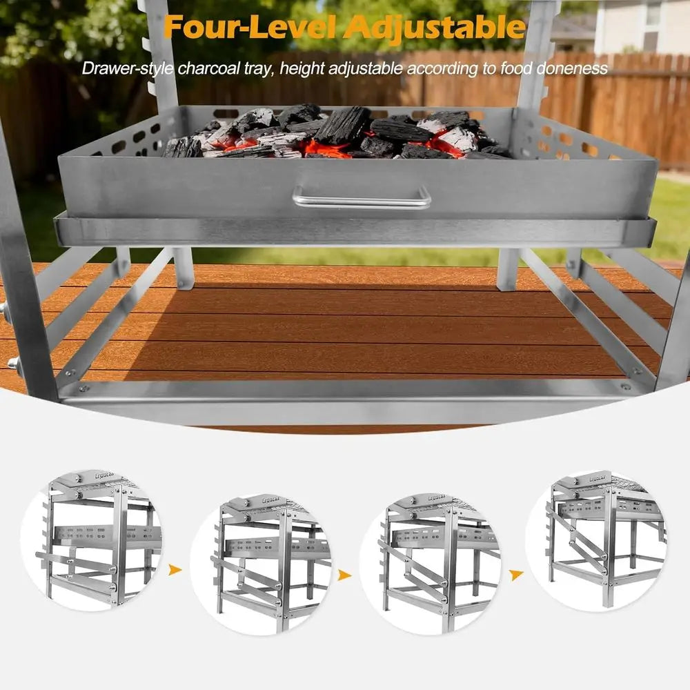 Portable Rotatable 4-Tier Adjustable Charcoal Grill Tray for Outdoor Smoking, Picnics, and Camping