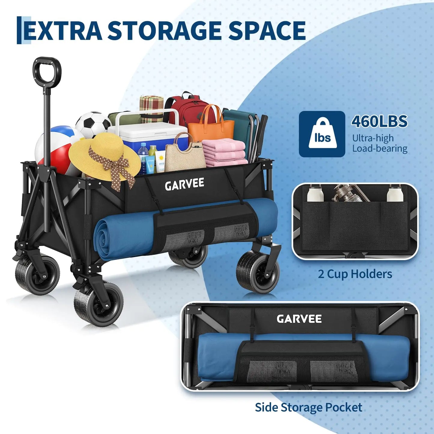Heavy Duty Foldable Wagon Cart 460 lbs 280L With Wide All-Terrain Wheels, Brakes, Cover & Strap For Shopping Camping