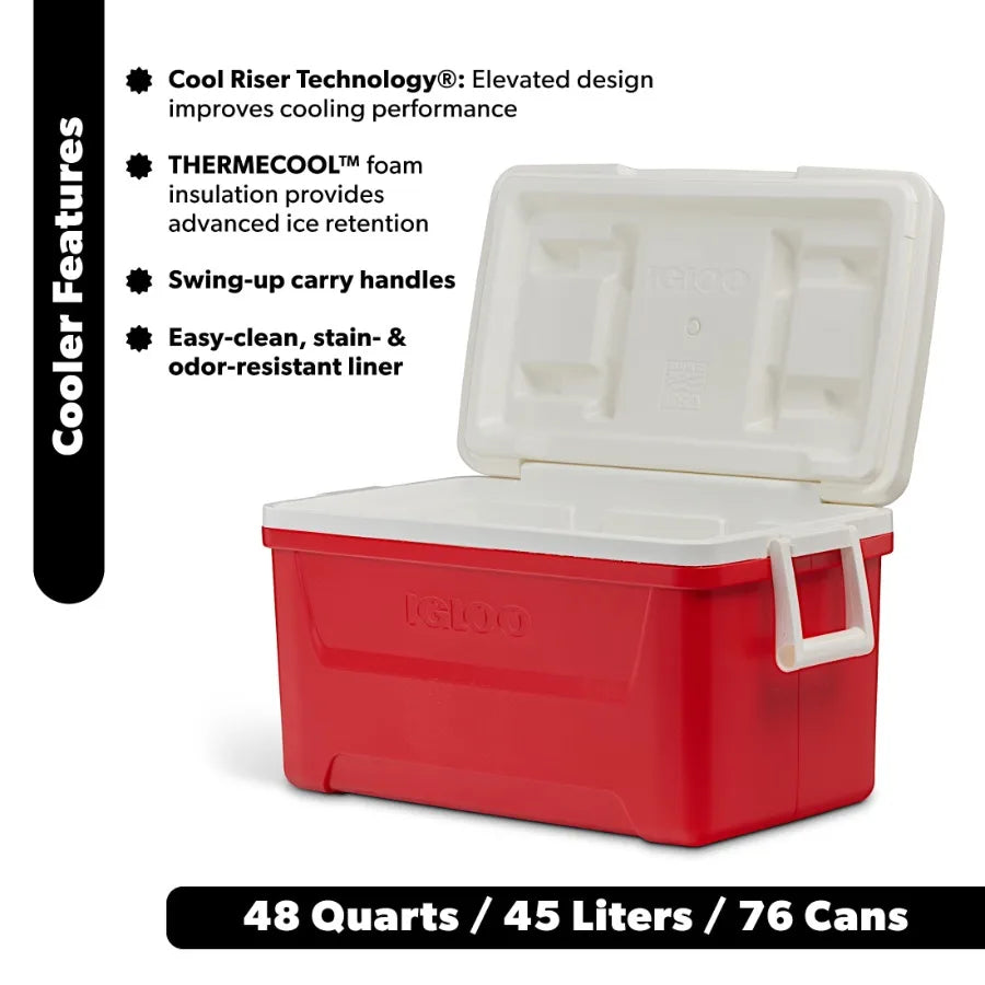 48 QT Hard Sided Ice Chest Cooler for Outdoor Camping and Tailgating, Durable Polyethylene Shell in Red