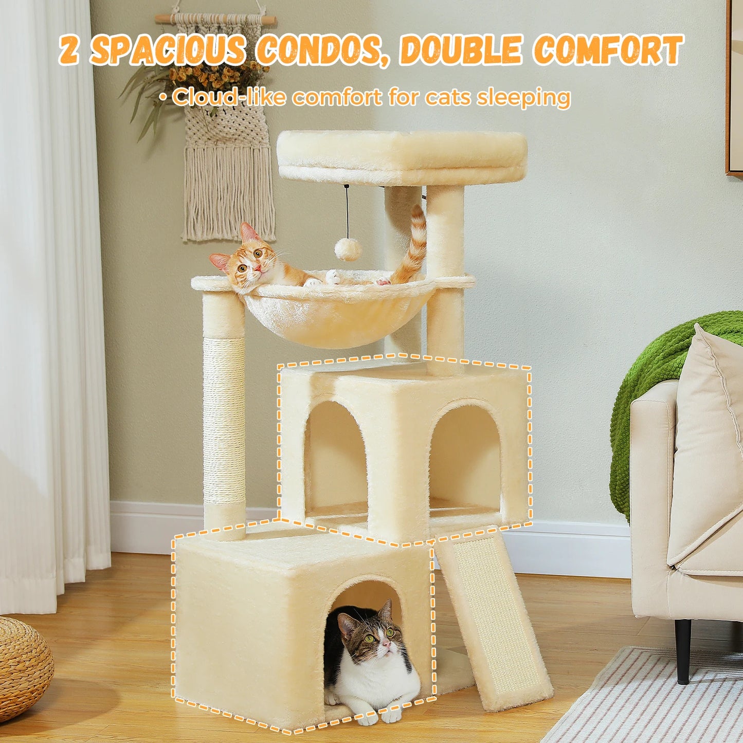 Cat Tree with Natural Sisal Scratching Post, Comfortable Condo, Spacious Top Perch, Cat Accessories, Toy, Cat Tower for Indoor Cats