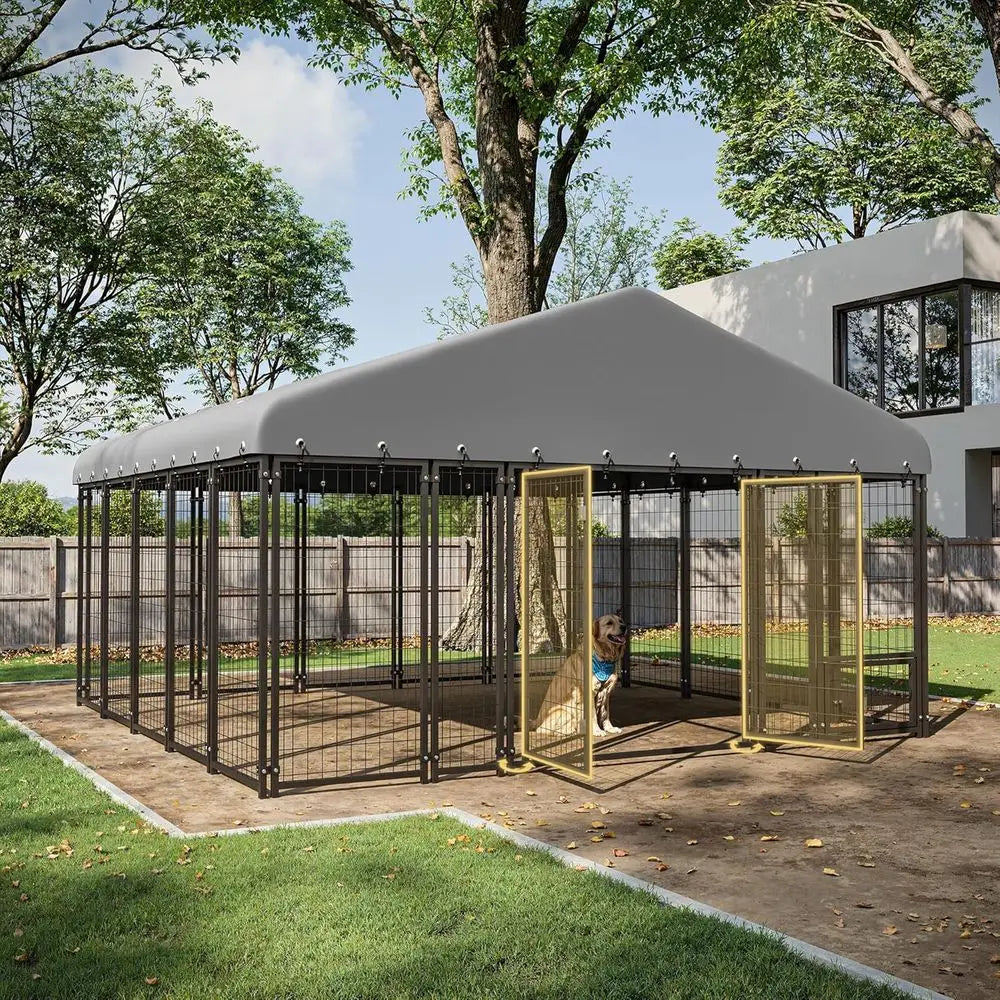 Durable Outdoor Double-Door Dog Kennel with Roof & Locking System
