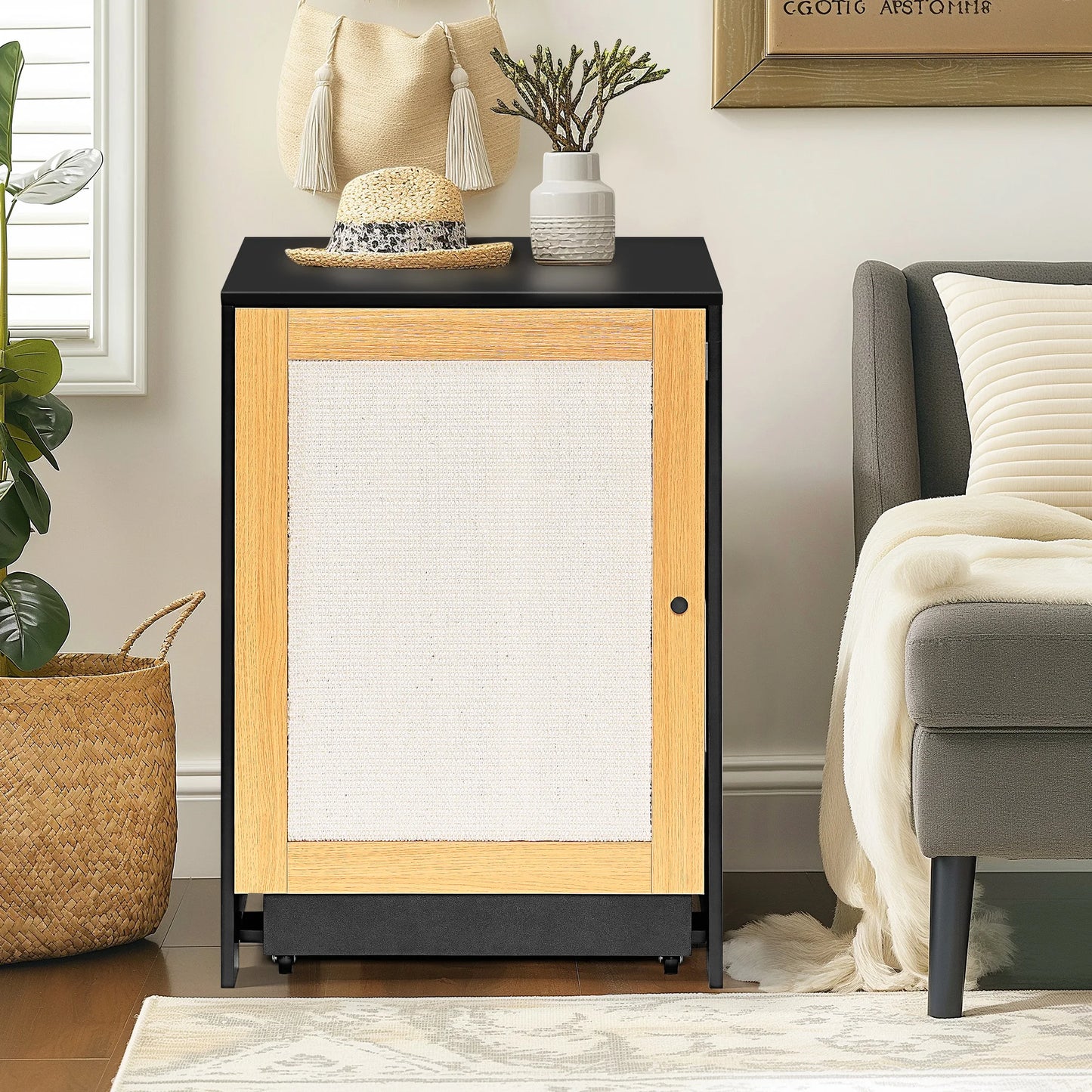 Black Cat Litter Box Enclosure, Hidden Litter Cabinet with Sisal Door, Multi-Functional Kitty End Table