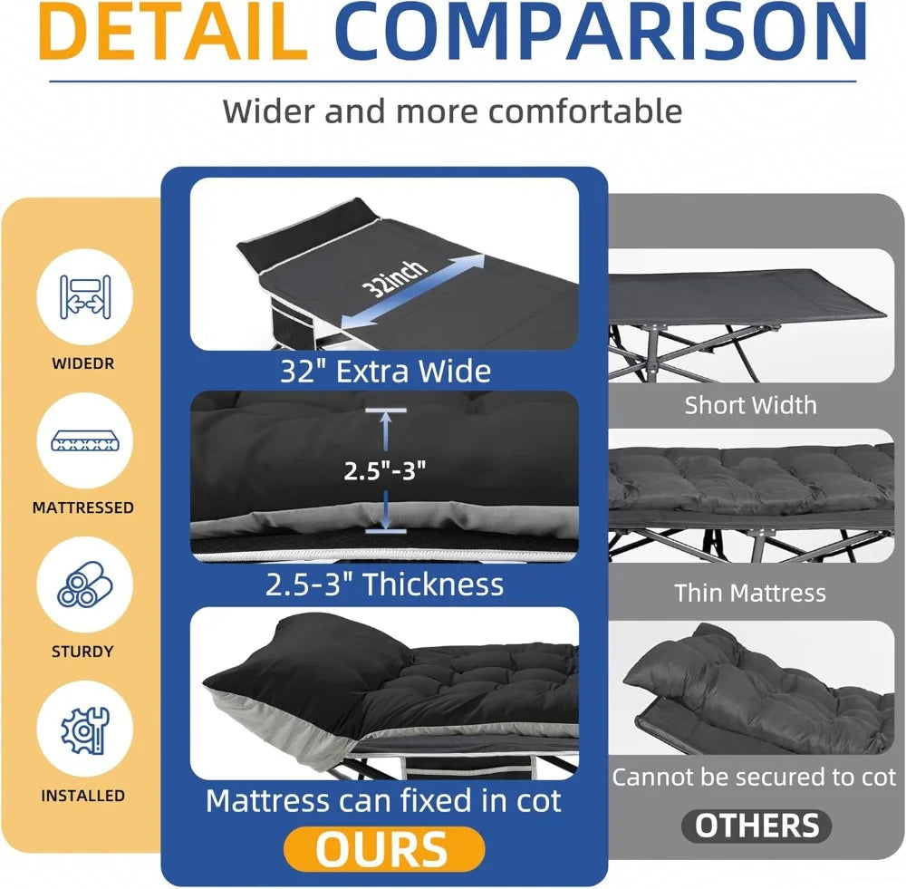 Extra Wide Camping Cot with Mattress, 32" Sleeping Cot for Adults, Holds 600LBS, Portable for Camp, RV, Beach, Office Naps