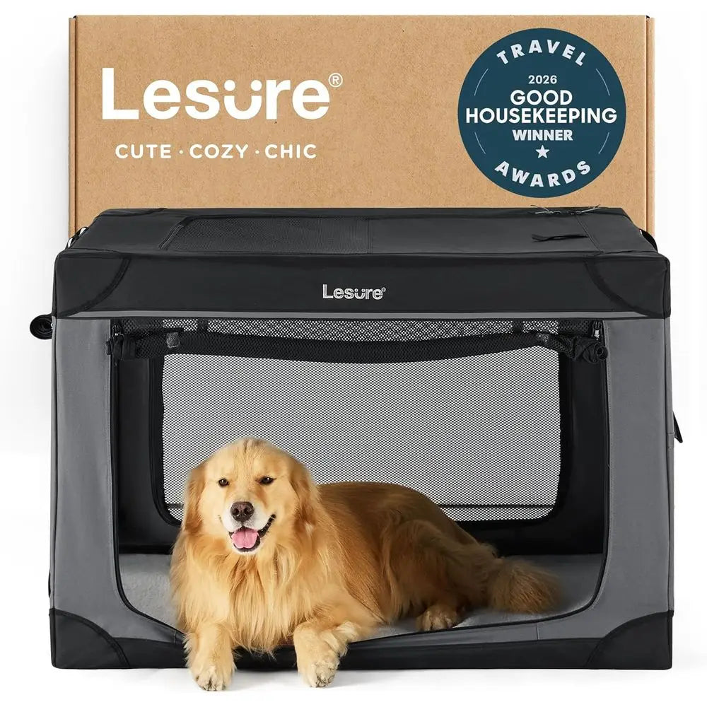 Portable 42 Soft-Sided Dog Crate for XL Dogs - Outdoor & Indoor Travel Kennel with 4 Doors and Mesh Windows, Black