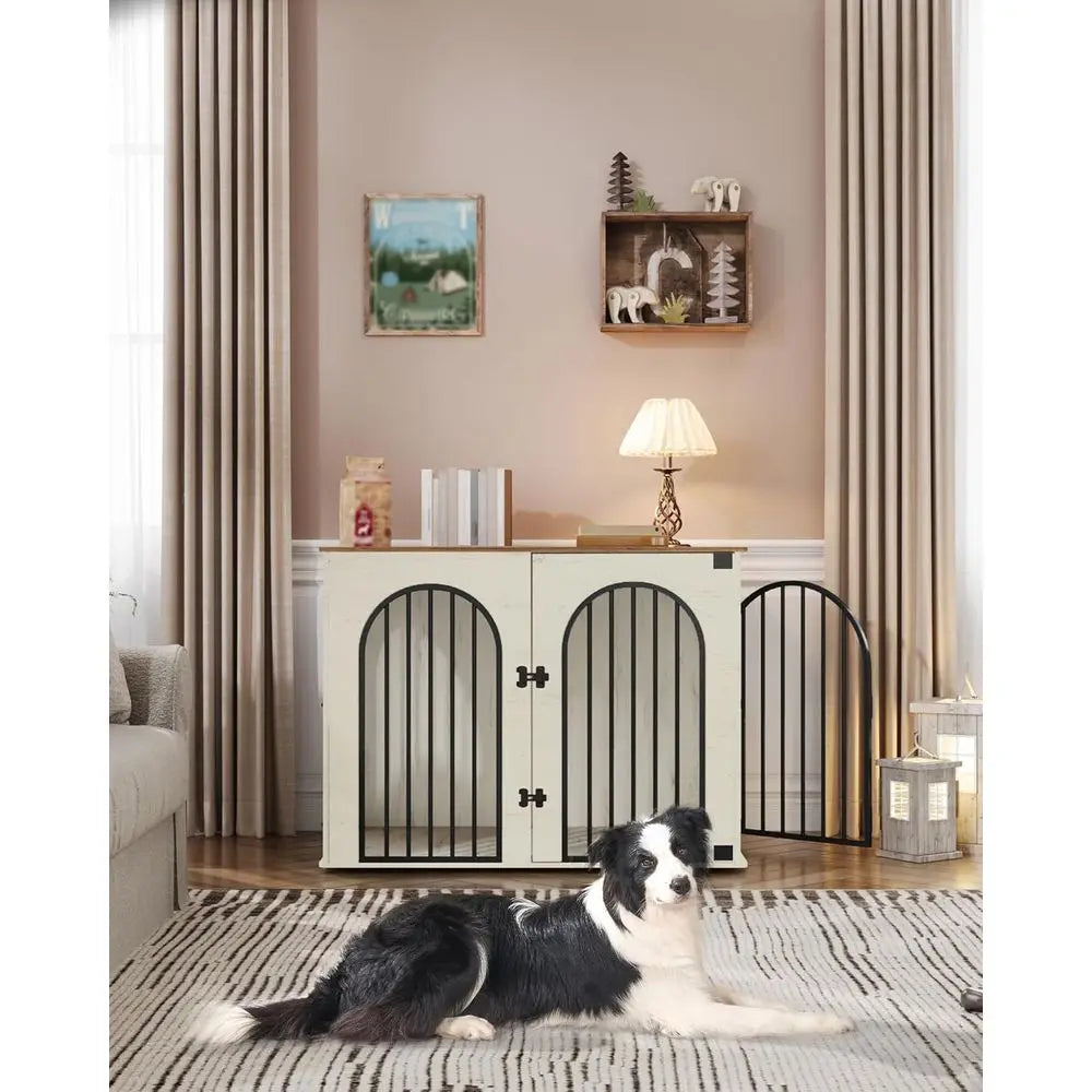 Wooden Dog Crate Furniture, Indoor Kennel for Small to Large Dogs, Heavy Duty Decorative Pet House with Side Table, White and Brown