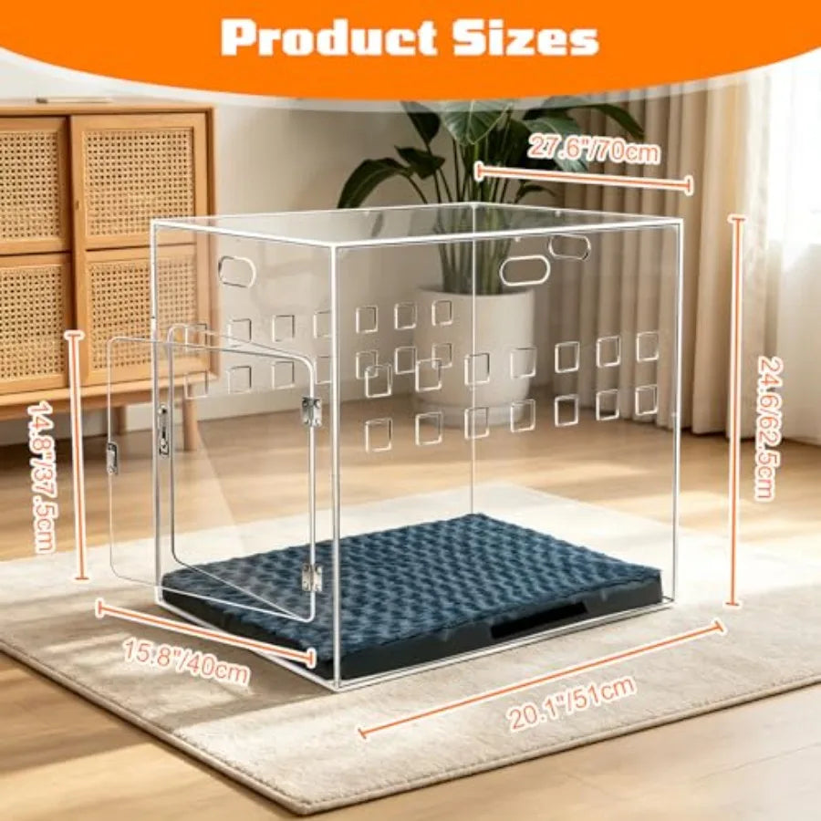 Acrylic Dog House, 27.5" L x 20" W x 24.5" H Clear Indoor Dog Crate Furniture for Small and Medium Dogs, Modern Transparent Pet
