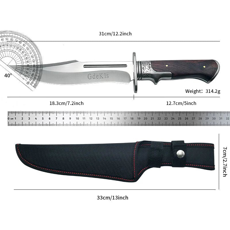 D2 Multi-Tool, Hand-Forged Bone Knife With a Protective Cover, High-Carbon Steel Hunting Knife, Wooden Handle