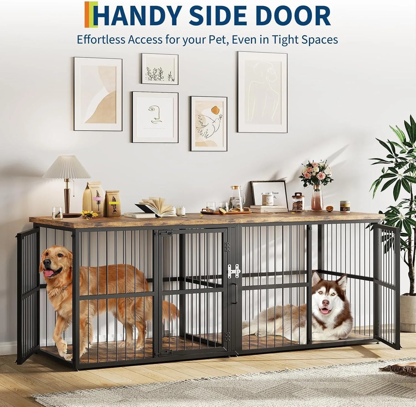 87 Inch Extra Large Double Dog Crate Furniture with Divider 3 Doors Heavy Duty Wooden Indoor Dog Kennel Cabinet TV Stand for 2 Dogs Lockable Pet House with Storage Table