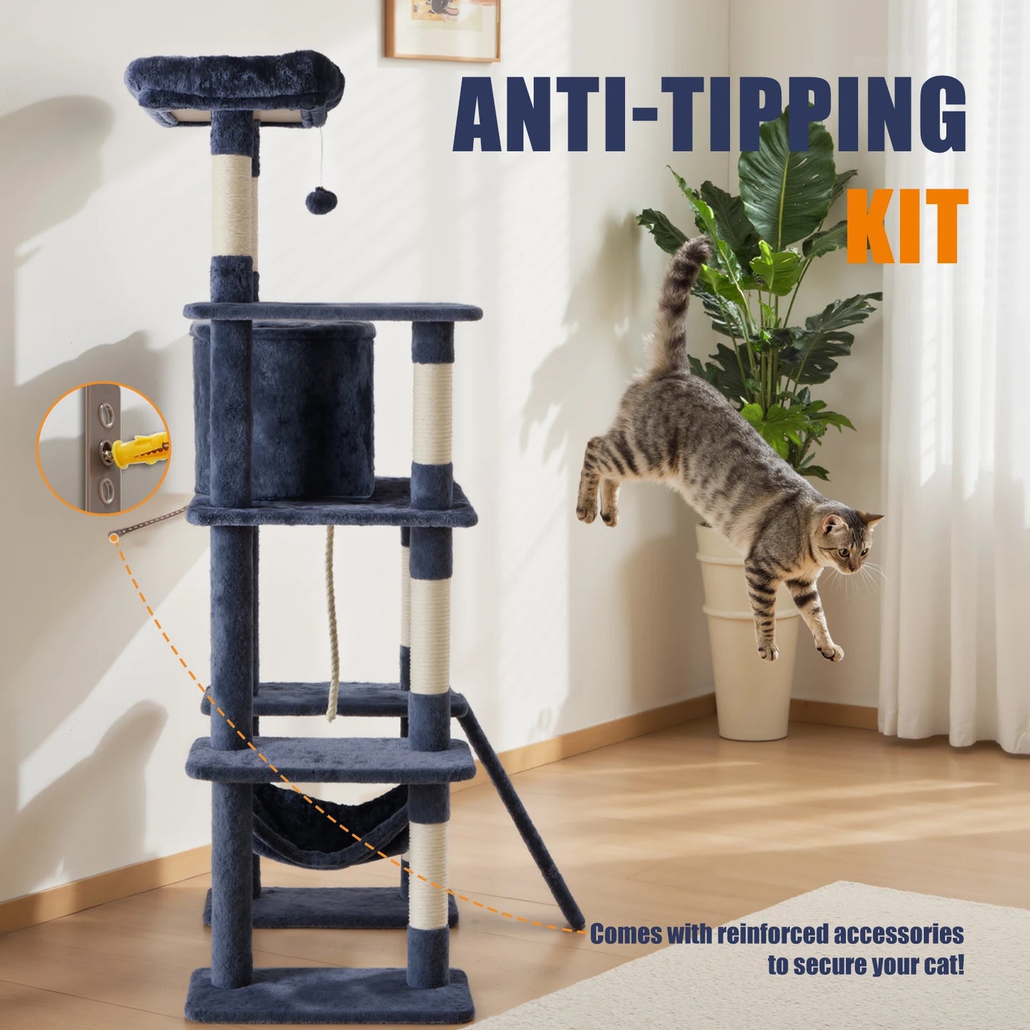 63 In Cat Tree Tall Multi-Cat Climbing Tower for Pet Furniture Natural Sisal Scratching Posts, Stable Pet House for Indoor Cat