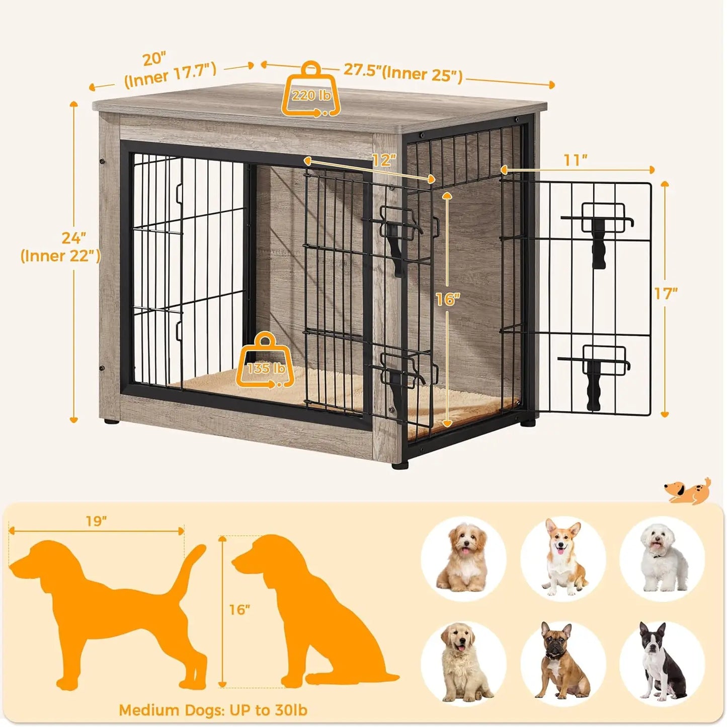 Wooden Dog Crate Furniture with Cushion, Double Doors, Side Table for Small/Medium Dogs, Greige