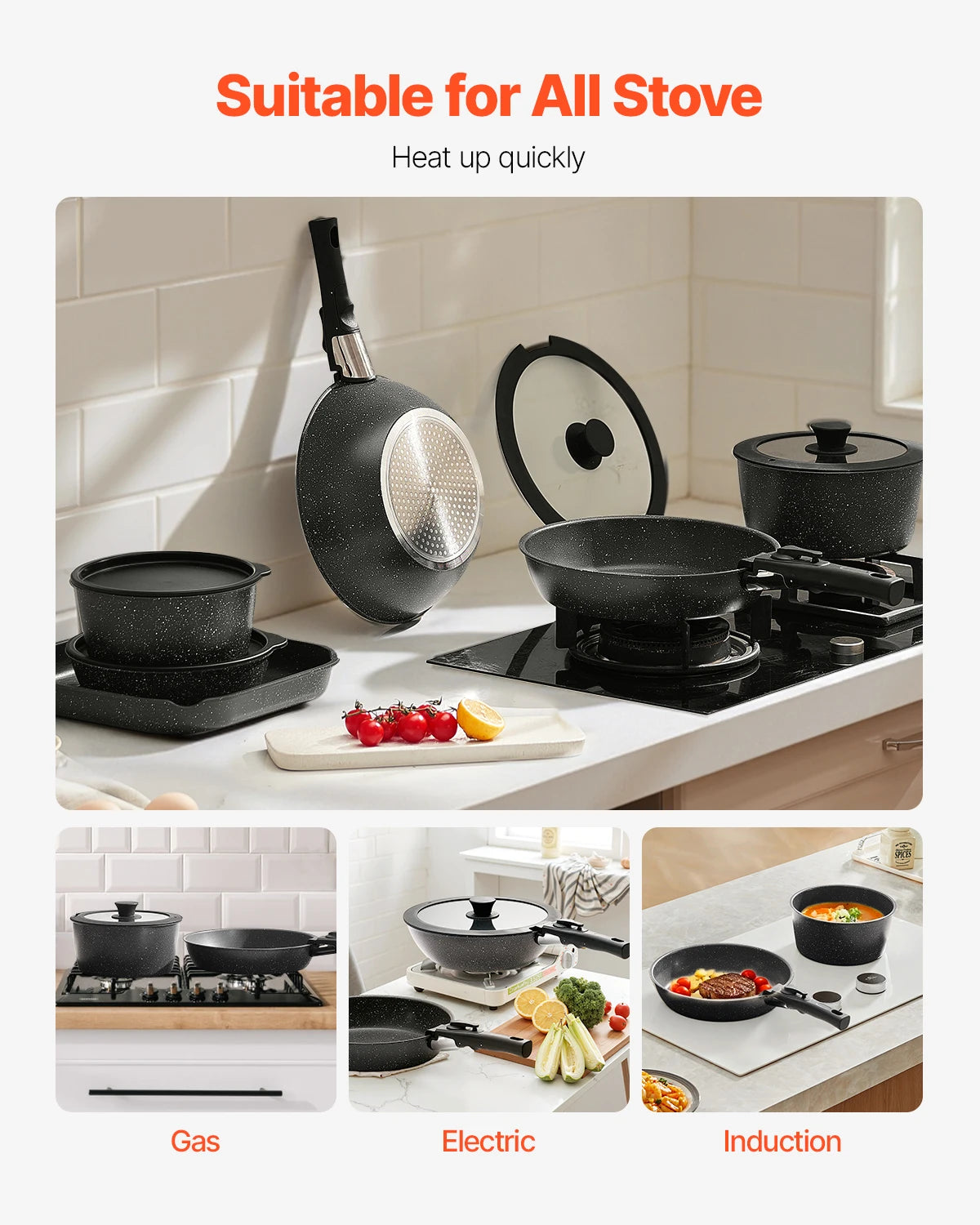 17 Pcs Nonstick Cookware Set Granite Pots and Pans Set Induction Cookware Kitchen Cooking Set w/Frying Sauce Saute Pan