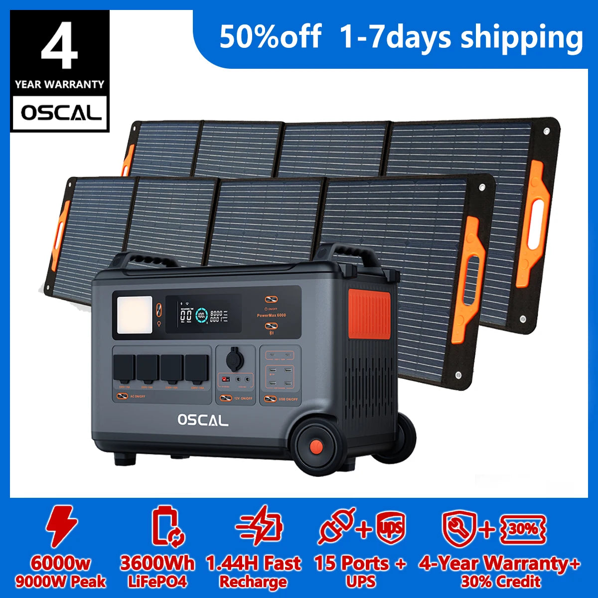 PowerMax 6000 Whole Home Solar Generator, 3600Wh LiFePO4 | 6000W (9000W Surge) | 1.96 H Charge | DC/AC Bi-Directional Inverter | for Home Emergency, Outdoor Camping，Hurricane Backup