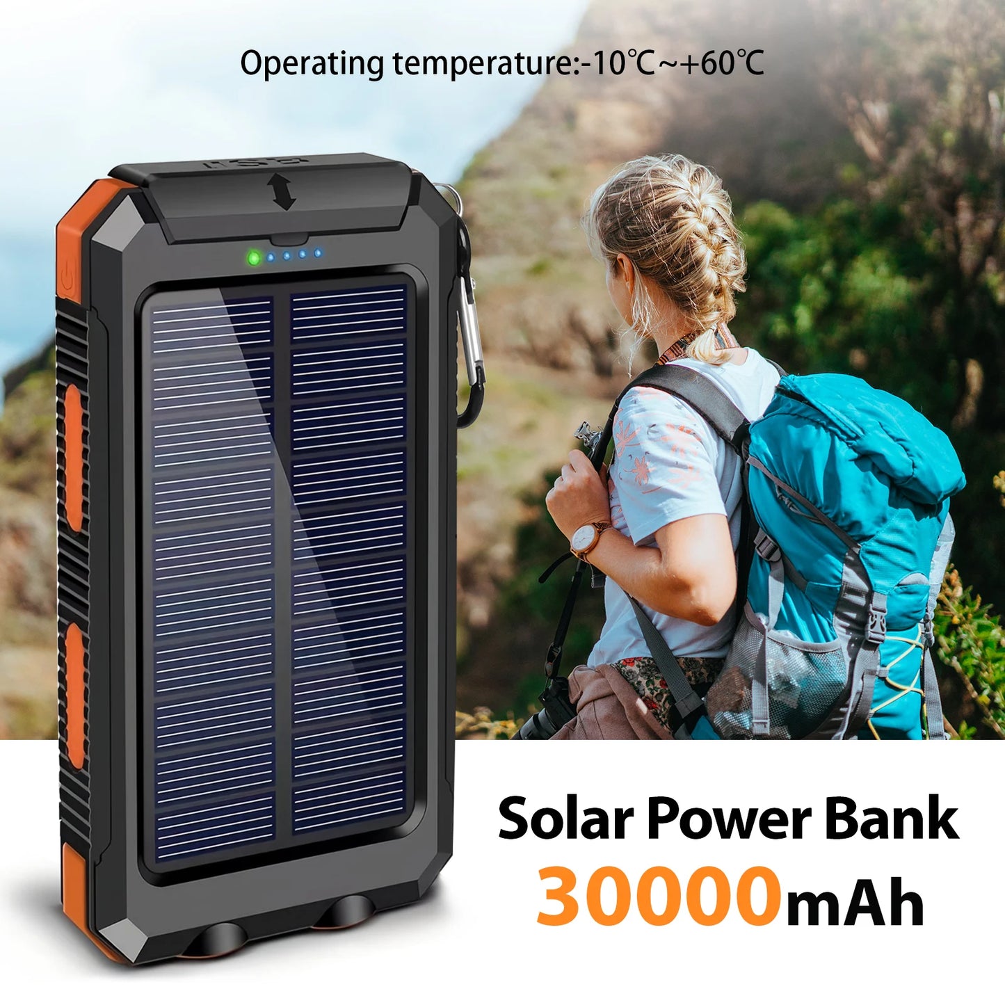 30000mAh Solar Power Bank Portable Charging Powerbank Dual 5V USB Ports 2 LED Light Flashlight for IPhones Outdoor Camping Hiking