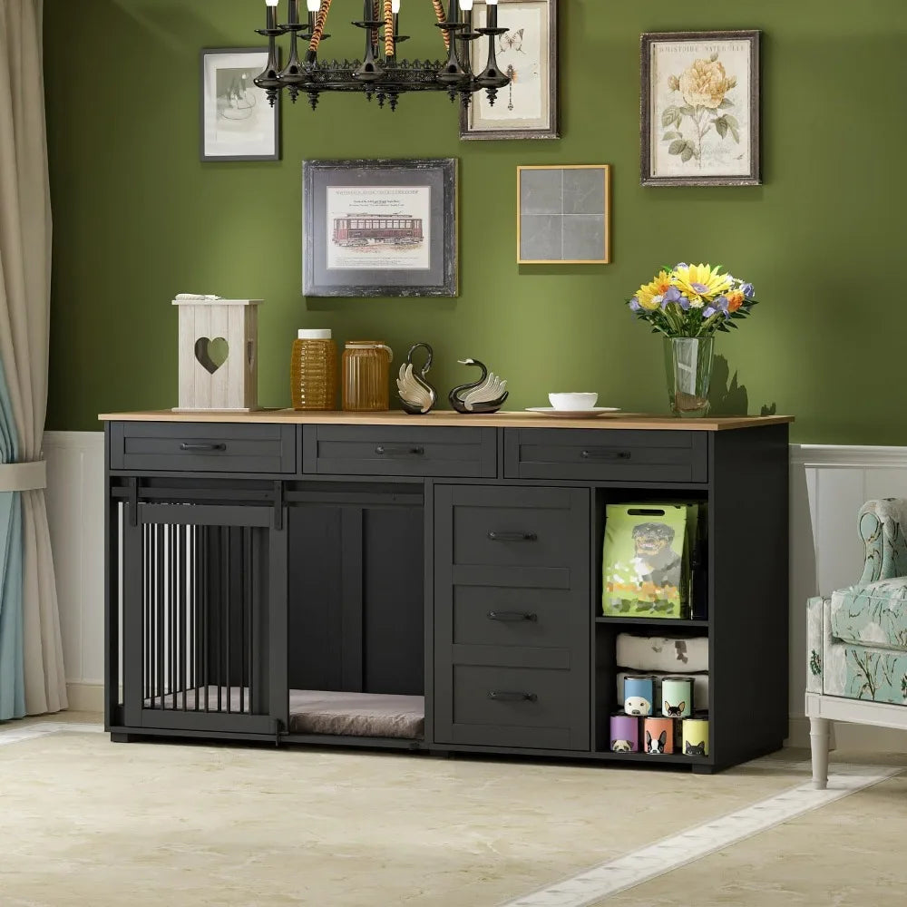 Dog Crate Furniture With Storage, 72.4" Wooden Heavy Duty Dog Kennel Table Furniture With Drawers & Shelves, Indoor Dog House TV