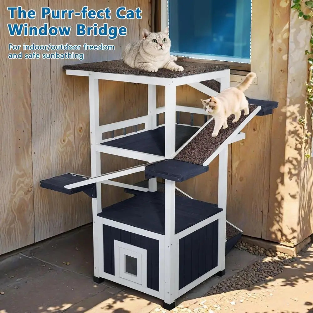 4 Tiers Outdoor Cat House Weatherproof Cat Tree Tower 45.1" H Feral Cat Shelter Outside Enclosure Multi-Level Play Zones Waterproof