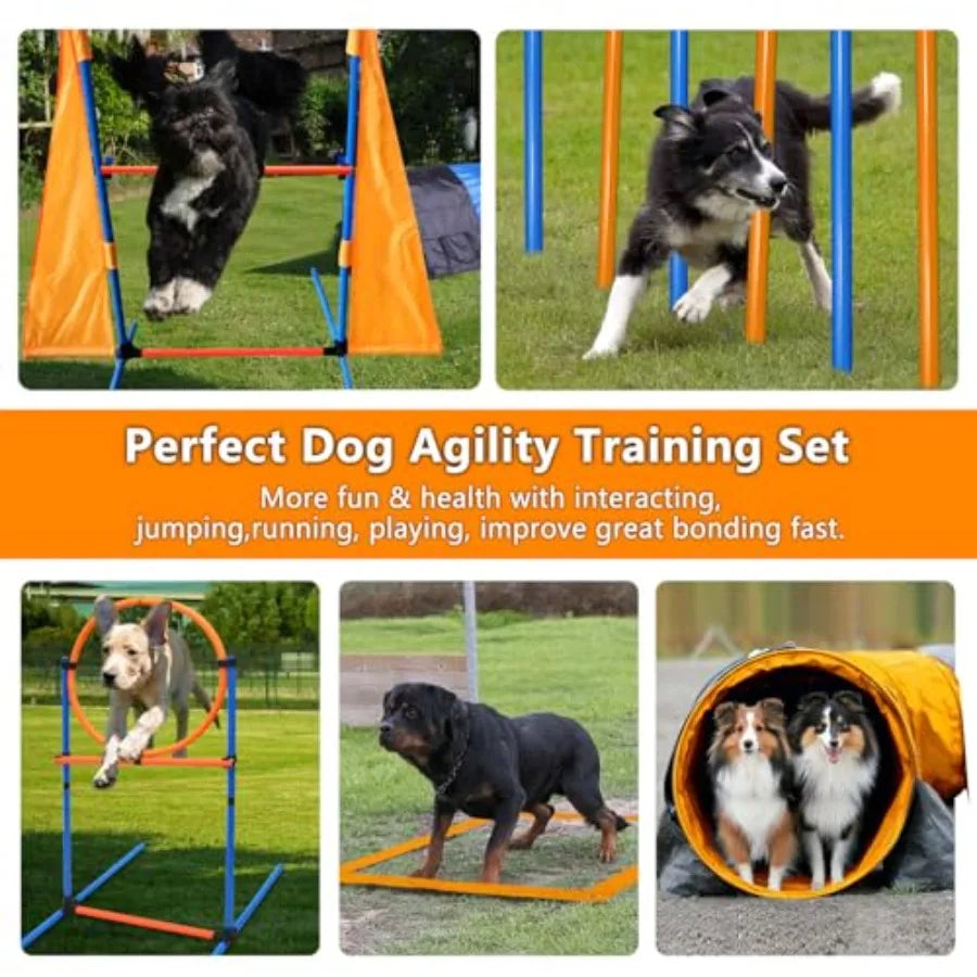 Premium Dog Agility Training Set Outdoor Indoor Game, Tire Jump + Hurdle Jump, Tunnel, Weave Poles, Pause, 2 Toy Balls, 2 Discs