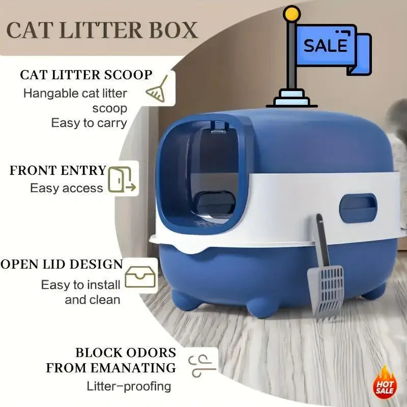 Spacious Covered Cat Litter Box Prevents Spills Easy to Clean with Scoop for Small to Medium Cats