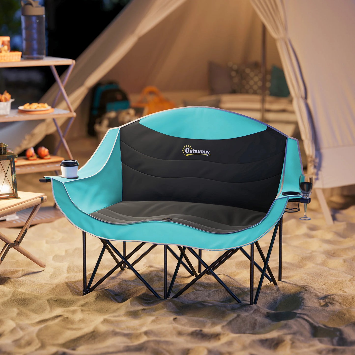Double Camping Chair for Adults, Padded Folding Camp Chair, Green