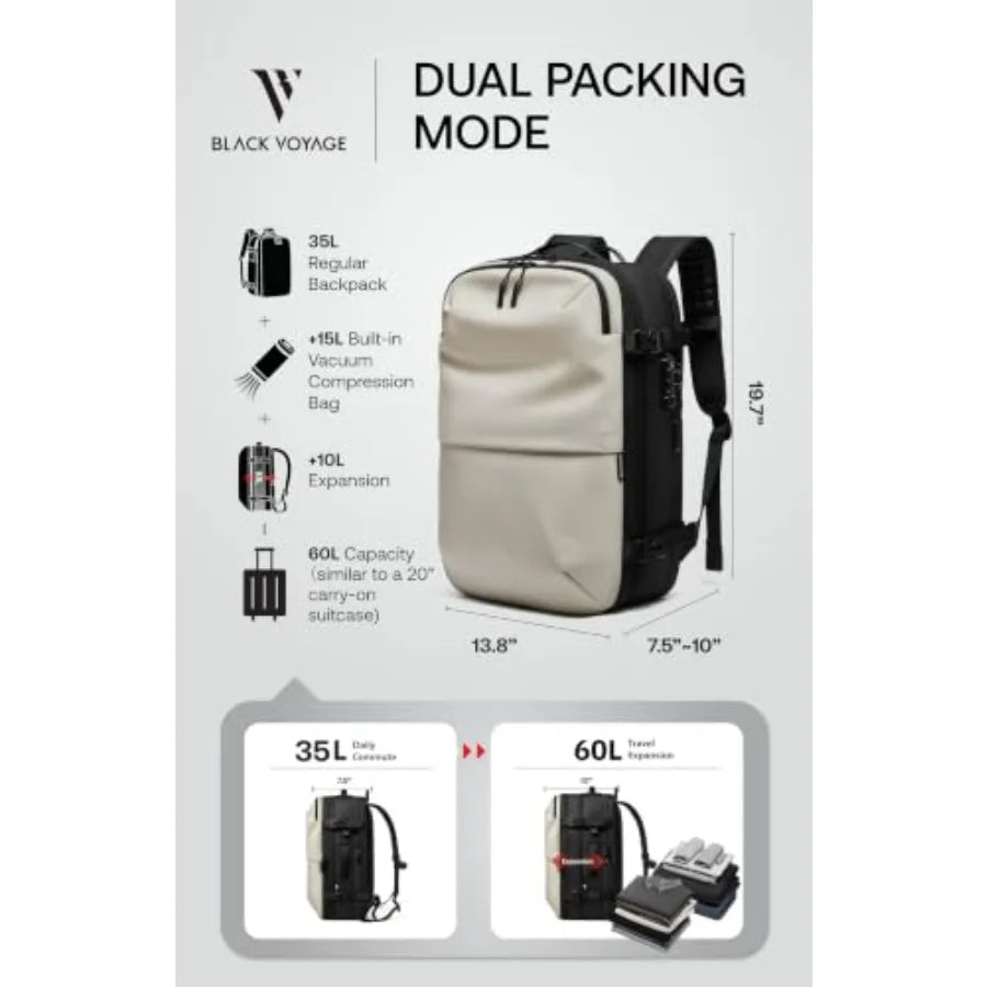 Vacuum Seal Travel Backpack 60L Expandable Air Compression System Water Resistant TSA Lock Carry-On