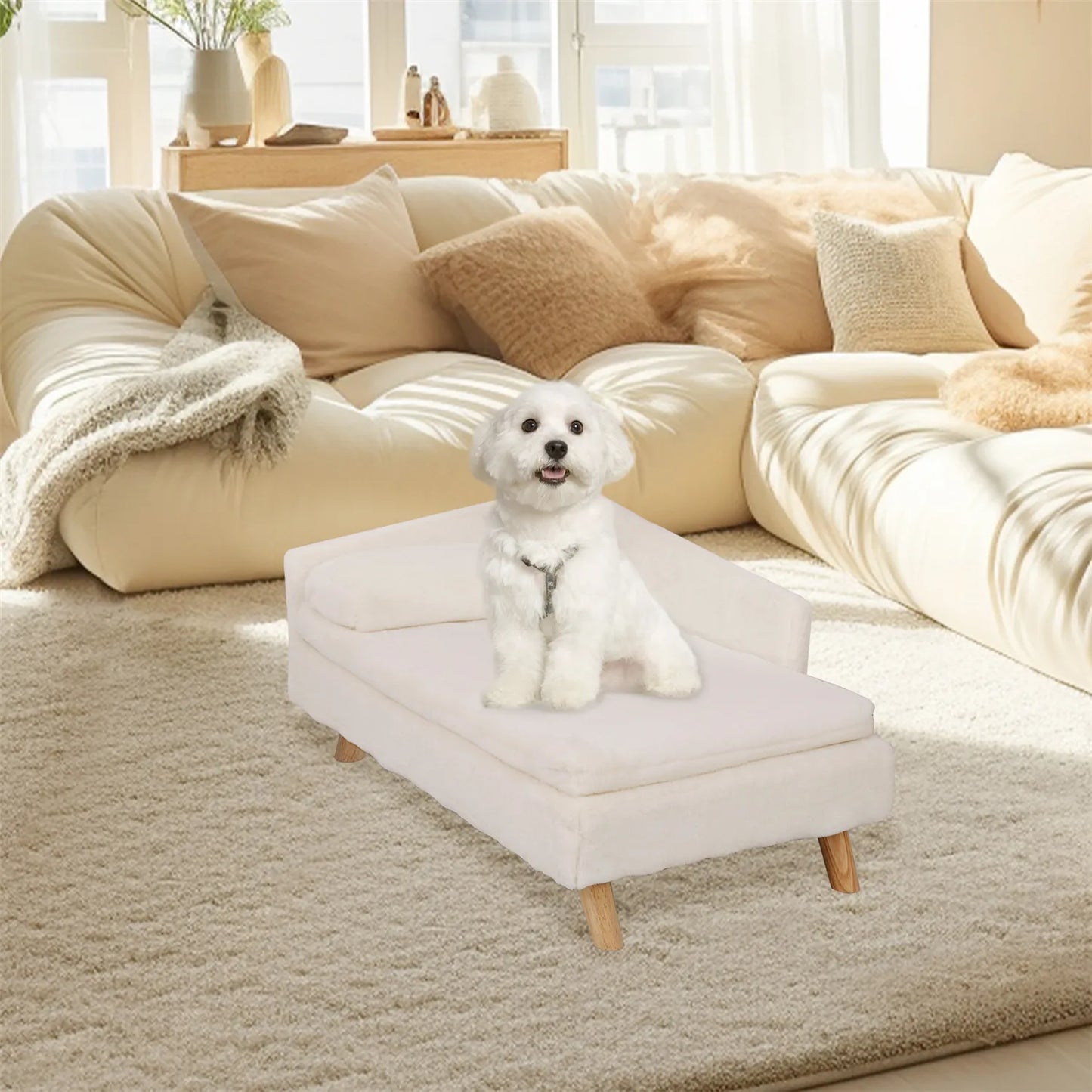Elevated Pet Bed, Nordic Pet Stool Bed with Cozy Pad Waterproof, Pet Sofa Bed with Sturdy Wood Legs for Small Dog Kitten