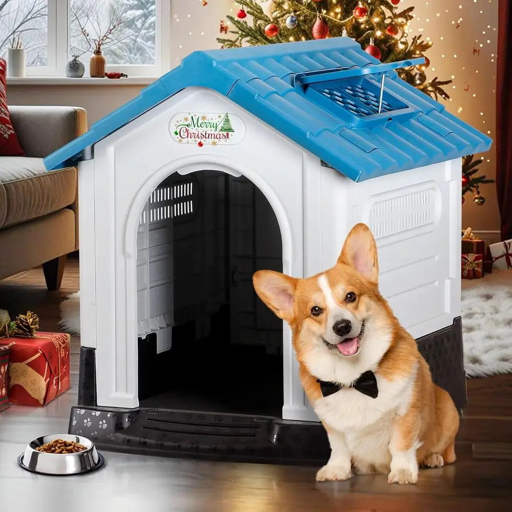 Indoor/Outdoor Plastic Dog House with Easy Assembly, Adjustable Skylight, Elevated Floor, Waterproof (Recycled)