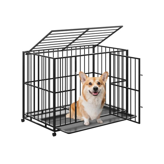 36 Inch Heavy-Duty Stainless Steel Dog Crate Escape-Proof Stackable Indoor Kennel with Double Locking Doors, Removable Tray, Openable Top and Lockable Wheels for Small Dogs