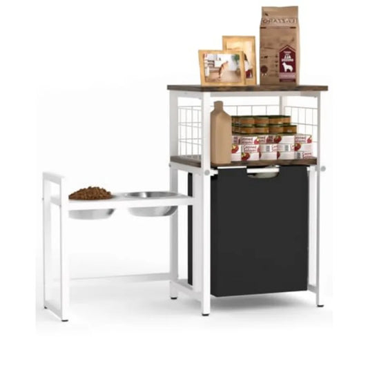 30.6 Long x 26.2 High Elevated Dog Bowl Stand with Pet Food Storage Organizer Adjustable Raised Feeding Station with Toy Basket