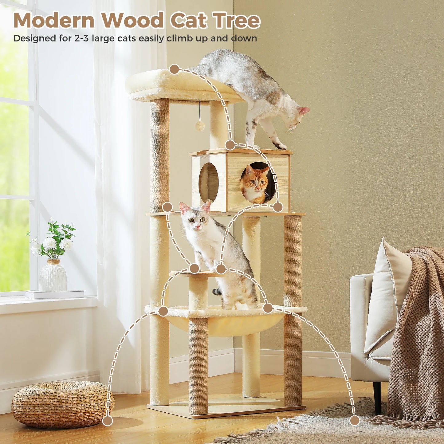 Wood Cat Tree with Sisal Scratching Posts Large Hammock Cozy Condo Bed Multi-Level Cat Tower for Indoor Cats Furniture Cat Toys