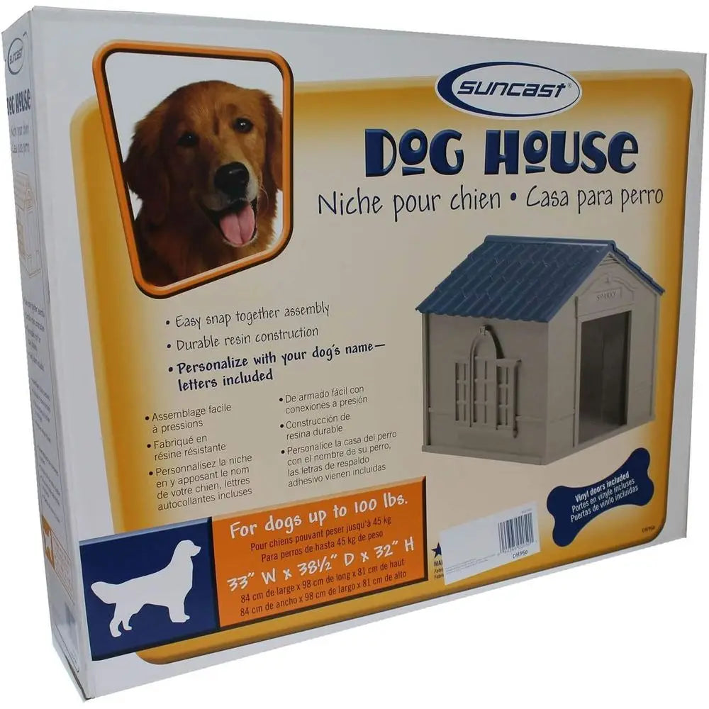 Luxury Dog House for Large Dogs with Removable Roof, Ventilation, Raised Floor, and Custom Labels, Taupe/Blue