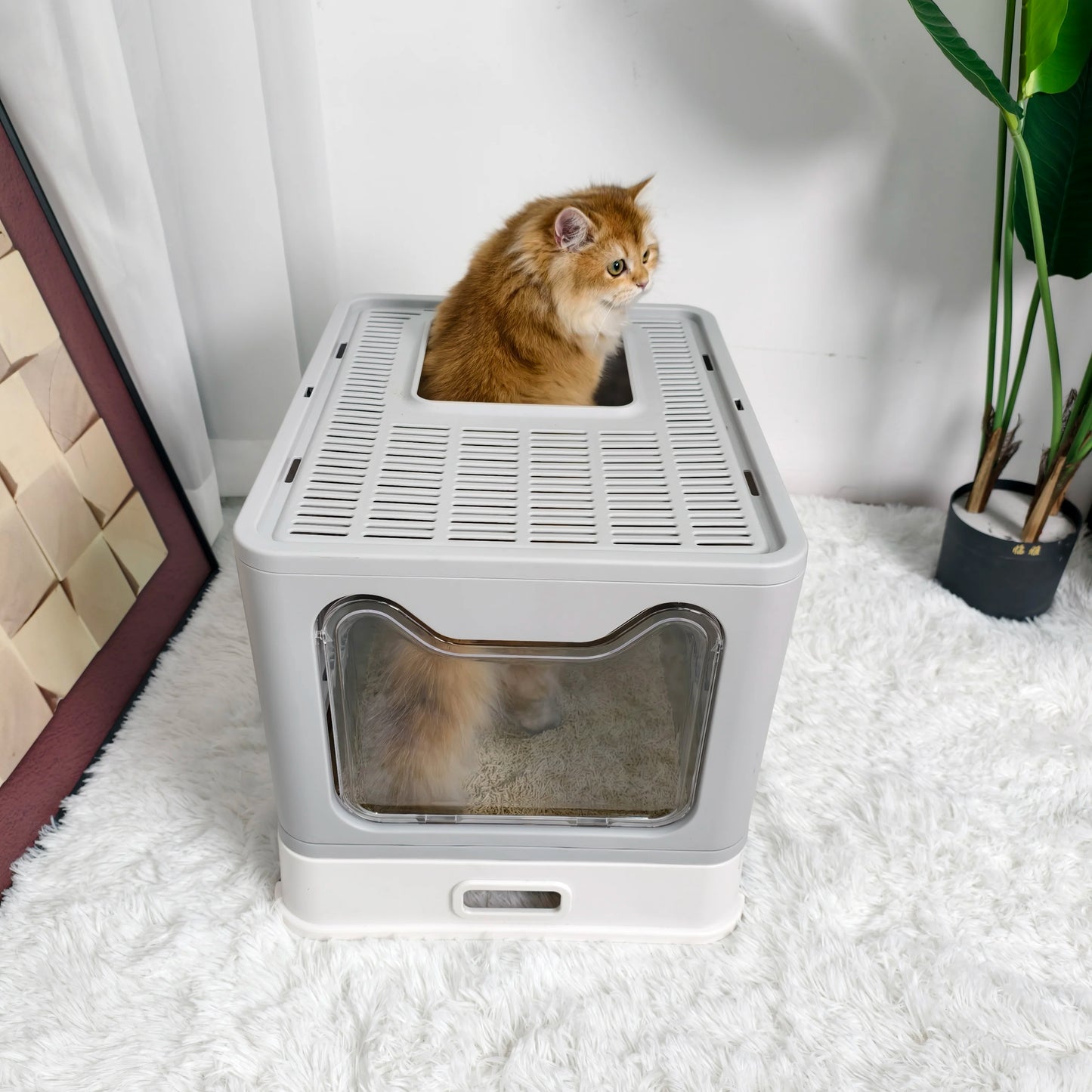 Large Stainless Steel Cat Litter Box Front Entry and Top Exit Toilet Box with Lid Scoop Pet Litter Tray for Kittens Easy Cleaning