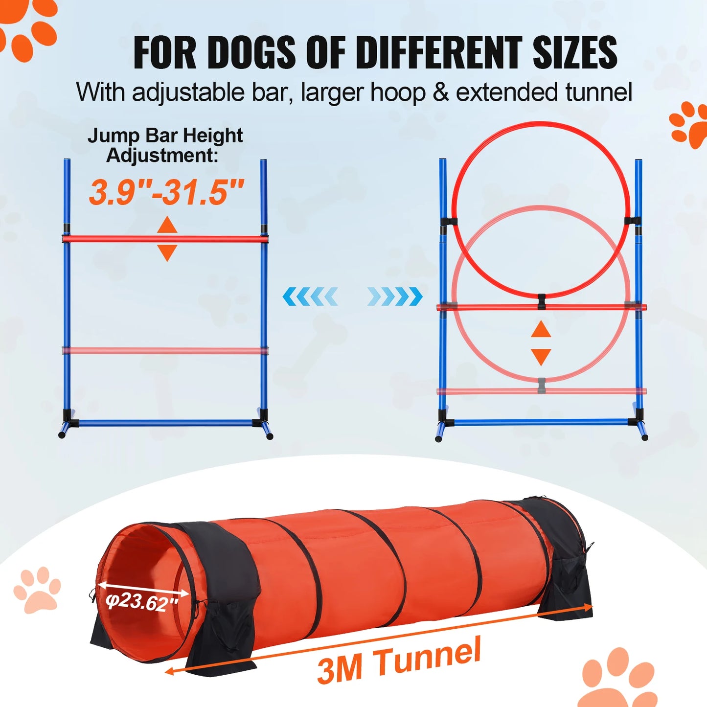 Dog Agility Training Equipment 5 PCS Set Upgrade with Adjustable Hurdles Extend Tunnel Puppy Obstacle Course Kit with Bag